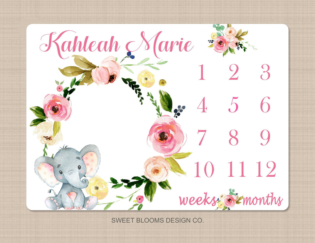 Milestone Blanket Elephant Pink Floral Girl Monthly Growth Tracker Newborn Baby Girl Name Blanket Wreath Flowers Girl Baby Shower Gift  B750
