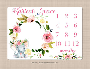 Milestone Blanket Elephant Pink Floral Girl Monthly Growth Tracker Newborn Baby Girl Name Blanket Wreath Flowers Girl Baby Shower Gift  B751