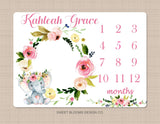 Milestone Blanket Elephant Pink Floral Girl Monthly Growth Tracker Newborn Baby Girl Name Blanket Wreath Flowers Girl Baby Shower Gift  B751