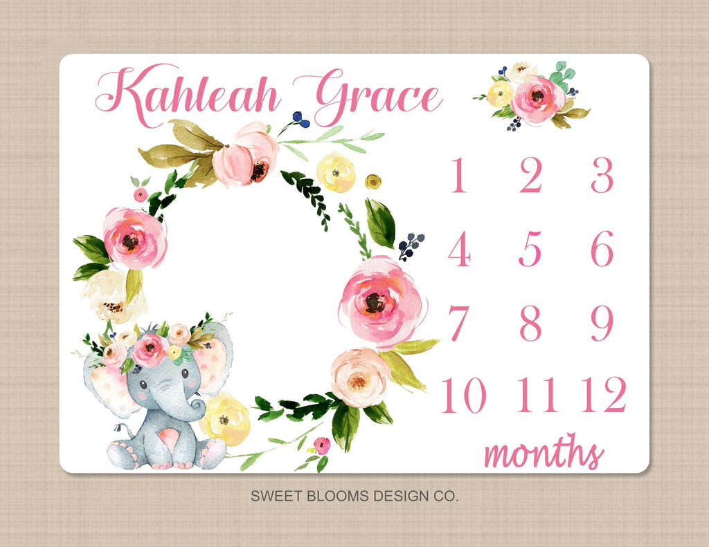 Milestone Blanket Elephant Pink Floral Girl Monthly Growth Tracker Newborn Baby Girl Name Blanket Wreath Flowers Girl Baby Shower Gift  B752