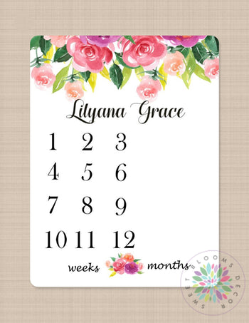 Milestone Blanket Floral Baby Blanket Monthly Growth Tracker Flowers Monogram Blanket Pink Purple Coral Newborn Baby Girl Baby Gift B208