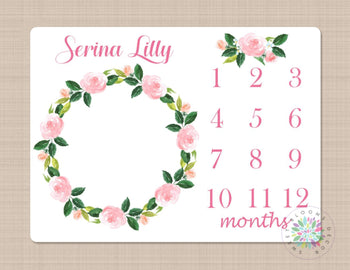 Milestone Blanket Floral Baby Girl Pink Roses Flowers  Monthly Growth Tracker Flowers Monogram Blanket Newborn Girl Baby Shower Gift B206