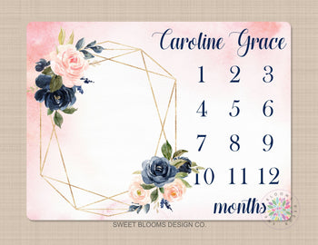 Milestone Blanket Floral Girl Wreath Navy Blue Coral Pink Blush Floral Personalized Newborn Baby Girl Modern Watercolor Roses Flowers B713