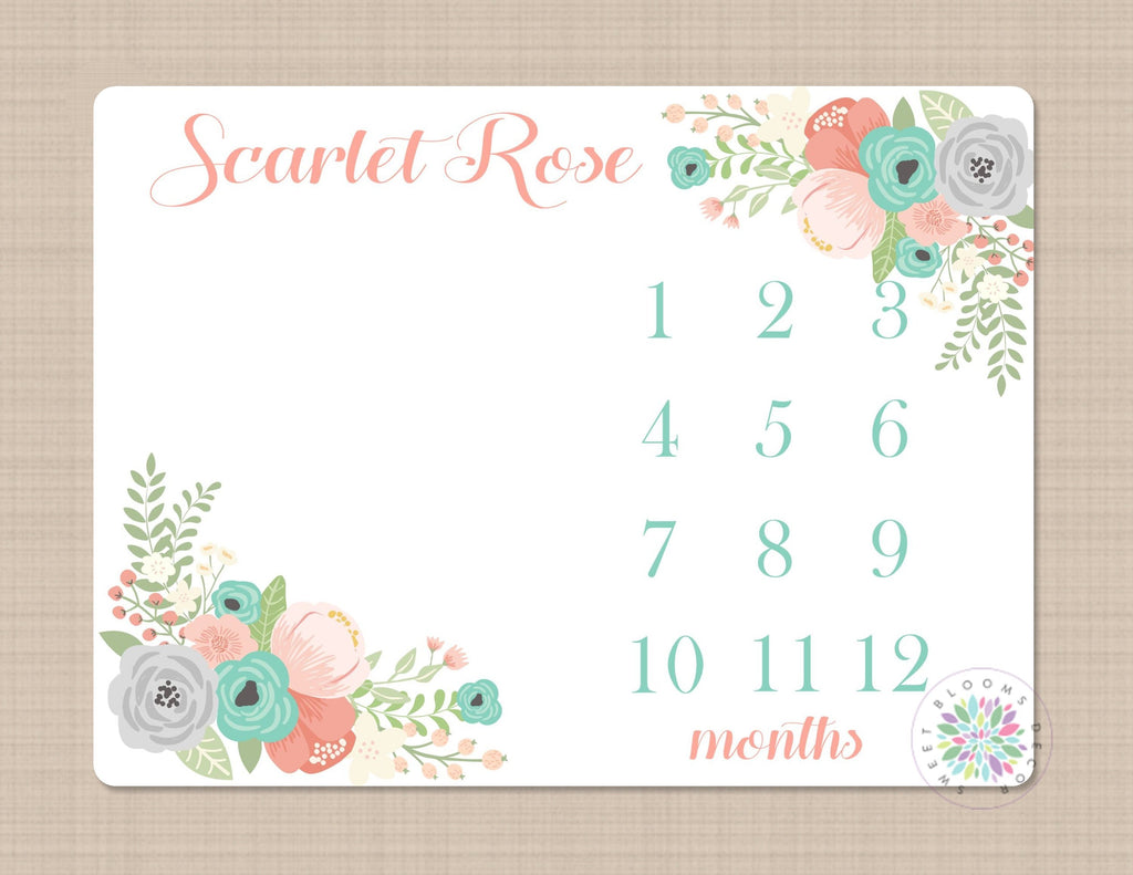 Milestone Blanket Floral Personalized Coral Teal Watercolor Flowers Wreath Monthly Growth Photo Newborn Baby Girl Name Shower Gift B624