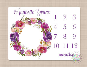 Milestone Blanket Floral Wreath Baby Blanket Pink Purple Watercolor Flowers Girl Monthly Growth Tracker Newborn Girl Baby Shower Gift B283