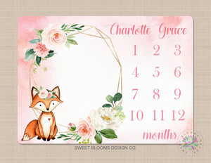 Milestone Blanket Fox Girl Pink Floral Woodland Monthly Growth Tracker Newborn Baby Girl Name Blanket Wreath Flowers Baby Shower Gift  B743