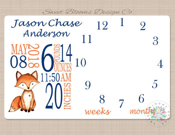 Milestone Blanket Fox Monthly Baby Blanket Woodland Birth Announcement Boy Photo Prop Personalized Baby Shower Gift Navy Blue B480-Sweet Blooms Decor