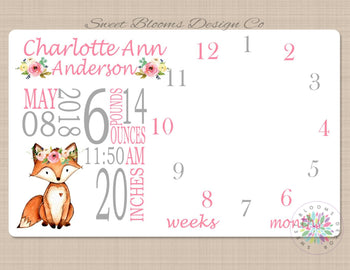 Milestone Blanket Fox Monthly Baby Girl Blanket Woodland Birth Announcement Boy Photo Prop Personalized Baby Shower Gift Navy Blue B484-Sweet Blooms Decor