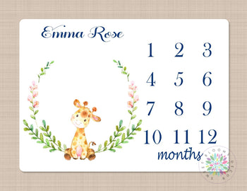Milestone Blanket Giraffe Baby Girl Boy Blanket Monthly Growth Tracker Floral Flowers Wreath Giraffe Nursery Decor Baby Shower Gift  B135
