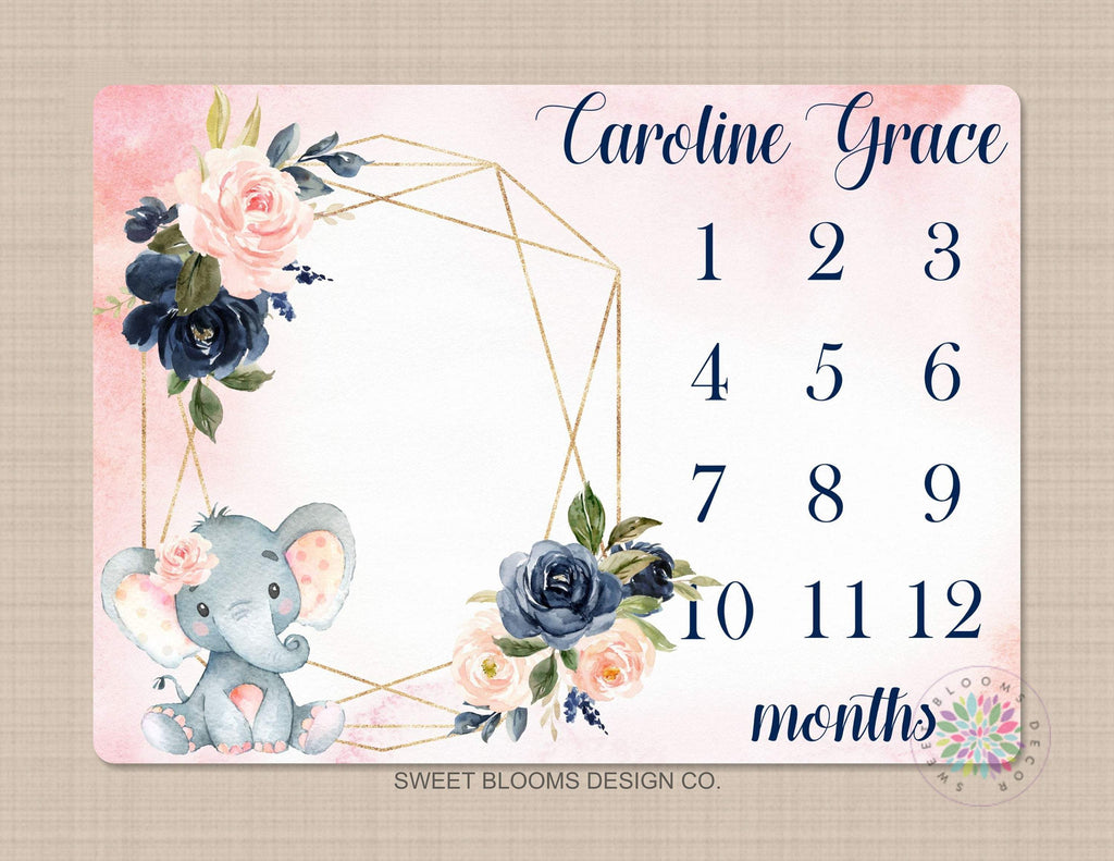 Milestone Blanket Girl Elephant Floral Wreath Navy Blue Coral Pink Blush Floral Personalized Newborn Baby Girl Watercolor Roses Flowers B716-Sweet Blooms Decor