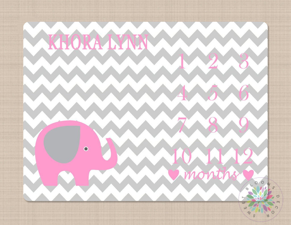 Milestone Blanket Girl Elephant Monthly Growth Tracker Pink Gray Chevron Elephant Personalized Baby Boy Blanket Name Nursery Bedding B215