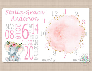 Milestone Blanket Girl Elephant Pink Gray Coral Floral Monthly Baby Blanket Milestone Blanket Photo Prop Personalized Baby Shower Gift B671-Sweet Blooms Decor