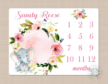Milestone Blanket Girl Elephant Watercolor Floral Wreath Monthly Blanket Personalized Newborn Baby Blanket Flowers Baby Shower Gift B682