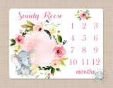 Milestone Blanket Girl Elephant Watercolor Floral Wreath Monthly Blanket Personalized Newborn Baby Blanket Flowers Baby Shower Gift B682
