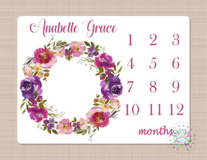 Milestone Blanket Girl Floral Wreath Baby Pink Purple Watercolor Flowers Girl Monthly Growth Tracker Newborn Girl Baby Shower Gift B284