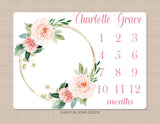 Milestone Blanket Girl Floral Wreath Coral Pink Blush Floral Personalized Newborn Baby Girl Watercolor Flowers Baby Shower Gift B881