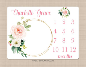 Milestone Blanket Girl Floral Wreath Coral Pink Blush Floral Personalized Newborn Baby Girl Watercolor Flowers Baby Shower Gift B882