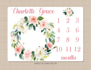 Milestone Blanket Girl Floral Wreath Coral Pink Blush Floral Personalized Newborn Baby Girl Watercolor Flowers Baby Shower Gift B885