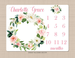 Milestone Blanket Girl Floral Wreath Coral Pink Blush Floral Personalized Newborn Baby Girl Watercolor Flowers Baby Shower Gift B887