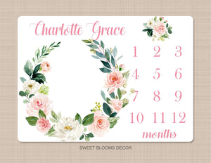 Milestone Blanket Girl Floral Wreath Coral Pink Blush Floral Personalized Newborn Baby Girl Watercolor Flowers Baby Shower Gift B889