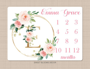 Milestone Blanket Girl Floral Wreath Coral Pink Blush Gold Personalized Newborn Baby Girl Watercolor Flowers Baby Shower Gift B884