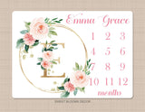 Milestone Blanket Girl Floral Wreath Coral Pink Blush Gold Personalized Newborn Baby Girl Watercolor Flowers Baby Shower Gift B884