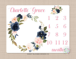 Milestone Blanket Girl Floral Wreath Navy Blue Coral Pink Blush Floral Personalized Newborn Baby Girl Modern Watercolor Roses Flowers B702