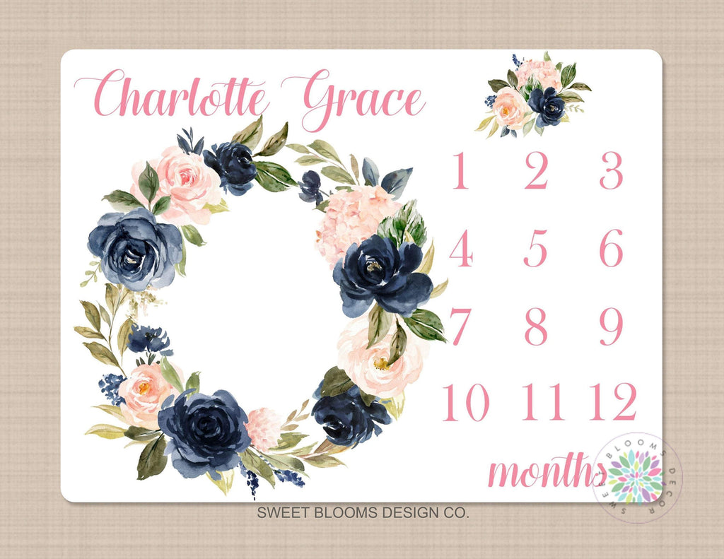 Milestone Blanket Girl Floral Wreath Navy Blue Coral Pink Blush Floral Personalized Newborn Baby Girl Modern Watercolor Roses Flowers B703