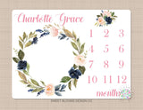 Milestone Blanket Girl Floral Wreath Navy Blue Coral Pink Blush Floral Personalized Newborn Baby Girl Modern Watercolor Roses Flowers B704