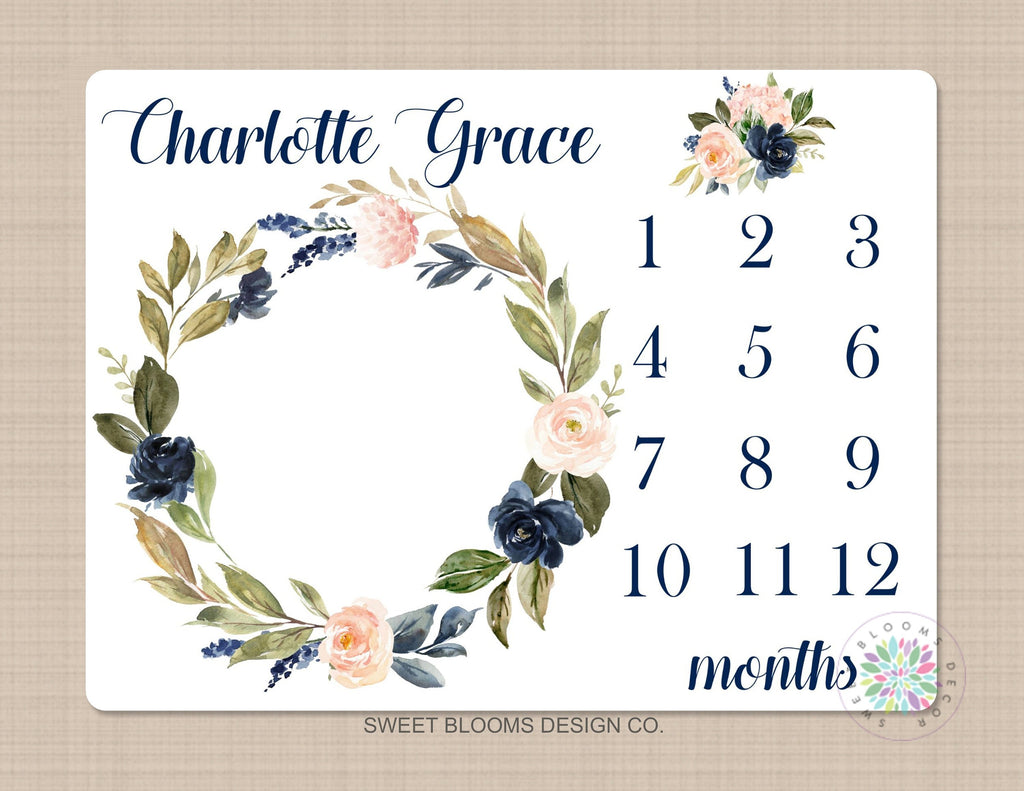 Milestone Blanket Girl Floral Wreath Navy Blue Coral Pink Blush Floral Personalized Newborn Baby Girl Modern Watercolor Roses Flowers B705