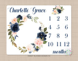 Milestone Blanket Girl Floral Wreath Navy Blue Coral Pink Blush Floral Personalized Newborn Baby Girl Modern Watercolor Roses Flowers B706