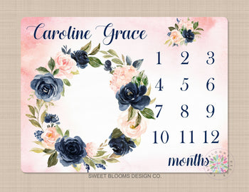 Milestone Blanket Girl Floral Wreath Navy Blue Coral Pink Blush Floral Personalized Newborn Baby Girl Modern Watercolor Roses Flowers B708-Sweet Blooms Decor