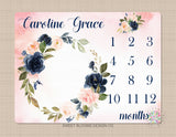 Milestone Blanket Girl Floral Wreath Navy Blue Coral Pink Blush Floral Personalized Newborn Baby Girl Modern Watercolor Roses Flowers B710