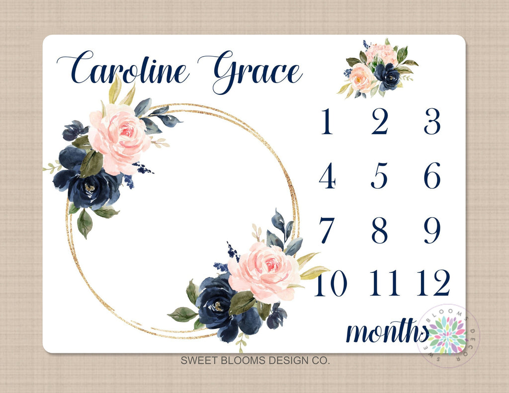 Milestone Blanket Girl Floral Wreath Navy Blue Coral Pink Blush Floral Personalized Newborn Baby Girl Modern Watercolor Roses Flowers B711