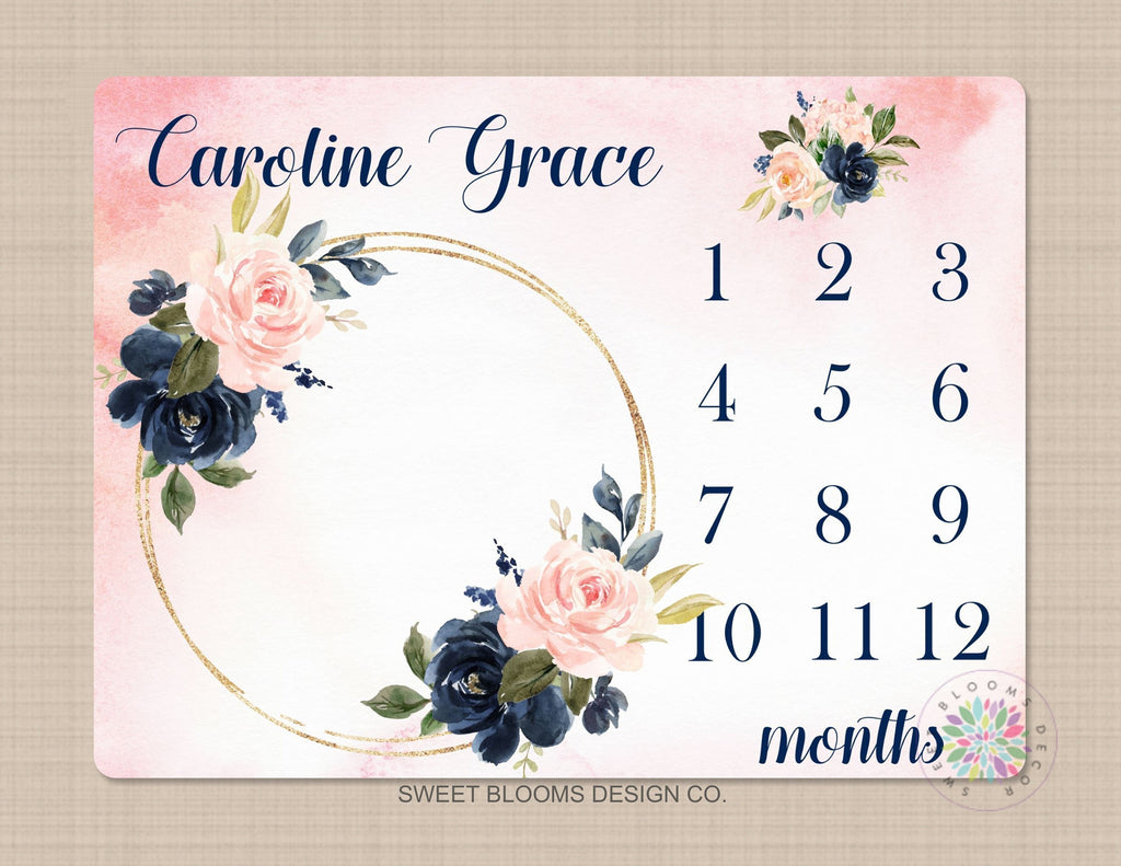 Milestone Blanket Girl  Floral Wreath Navy Blue Coral Pink Blush Floral Personalized Newborn Baby Girl Modern Watercolor Roses Flowers B711