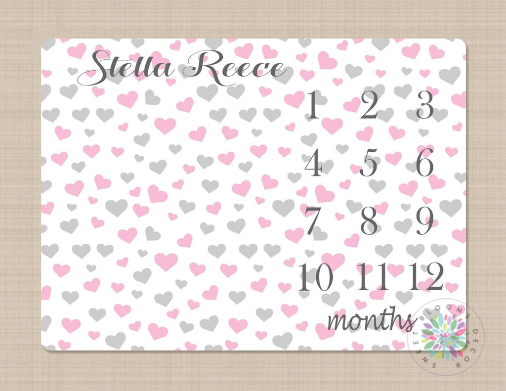 Milestone Blanket Girl Hearts Monthly Growth Tracker Pink Gray Hearts Baby Girl Blanket Name Blanket New Baby Shower Gift Bedding B291-Sweet Blooms Decor