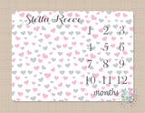 Milestone Blanket Girl Hearts Monthly Growth Tracker Pink Gray Hearts Baby Girl Blanket Name Blanket New Baby Shower Gift Bedding B291-Sweet Blooms Decor