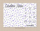 Milestone Blanket Girl Hearts Monthly Growth Tracker Purple Gray Hearts Baby Girl Blanket Name Blanket New Baby Shower Gift Bedding B1183