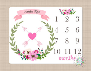 Milestone Blanket Girl Pink Floral Arrows Monthly Personalized Blanket Laurel Girl Blanket Age Blanket Name Monthly Growth Tracker B166