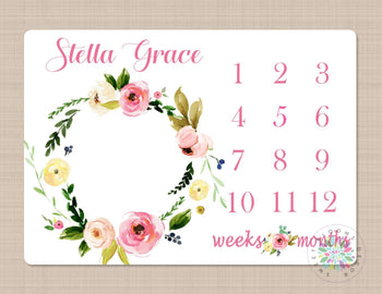 Milestone Blanket Girl Pink Floral Monthly Blanket Wreath Monthly Growth Tracker Newborn Baby Girl Name Blanket Pink Flowers Leaves B294-Sweet Blooms Decor