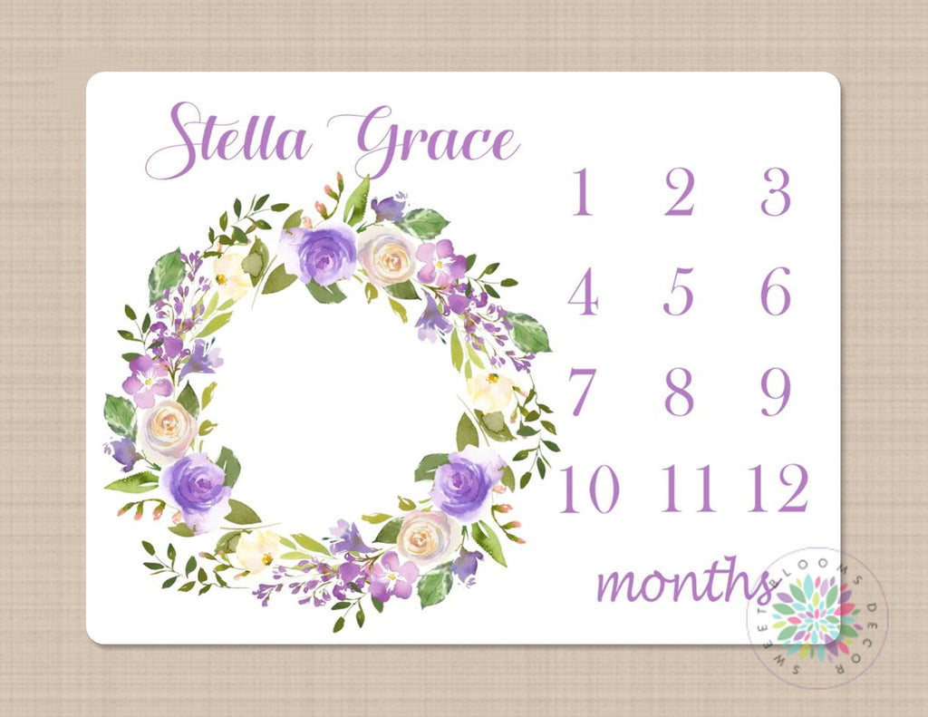 Milestone Blanket Girl Purple Flowers Girl Blanket Floral Wreath Blanket Monthly Growth Tracker Newborn Baby Name Baby Shower Gift B327