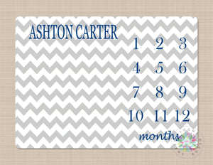 Milestone Blanket Monthly Growth Tracker Navy Blue Gray Chevron Personalized Baby Boy Blanket Name Nursery Bedding Baby Shower Gift B259