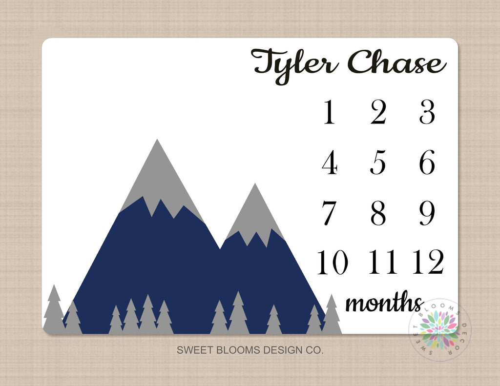 Milestone Blanket Mountains Navy Blue Gray Monthly Growth Tracker Baby Boy Blanket Forest Trees Woodland  Bedding Baby Shower Gift  B700