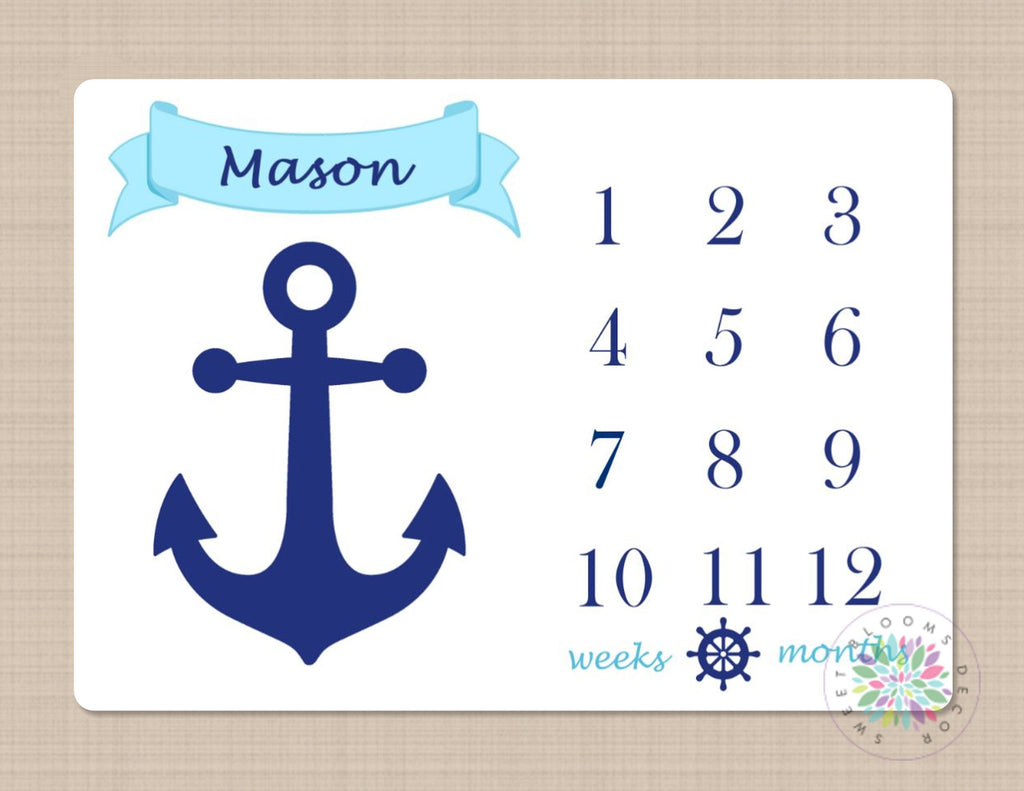 Milestone Blanket Nautical Baby Boy Blanket Anchor Nautical Monthly Growth Tracker New Born Monogram Blanket Navy Blue Baby Shower Gift B162
