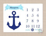 Milestone Blanket Nautical Baby Boy Blanket Anchor Nautical Monthly Growth Tracker New Born Monogram Blanket Navy Blue Baby Shower Gift B162