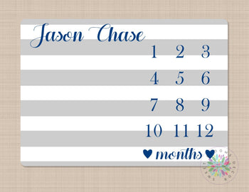 Milestone Blanket Navy Blue Gray Stripes Hearts Simple Monthly Baby Boy Blanket Nursery Decor Baby Shower Gift Growth Tracker B430
