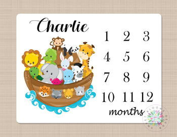 Milestone Blanket Noah's Ark Baby Blanket Noah Ark Monthly Growth Tracker Animals Blanket Safari Animals Newborn Baby Shower Gift  B214