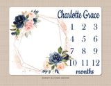 Milestone Blanket Personalized Girl Floral Coral Blush Pink Navy Blue Newborn Baby Girl Watercolor Flowers Baby Shower Gift Monthly B1086