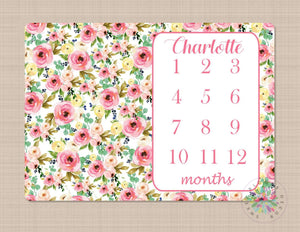 Milestone Blanket Personalized Girl Pink Watercolor Floral Wreath Monthly Growth Photo Prop Newborn Baby Girl Name Baby Shower Gift B422