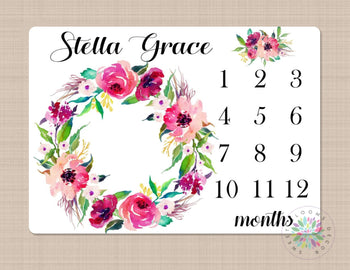 Milestone Blanket Personalized Pink Watercolor Flowers Wreath Monthly Growth Photo Prop Newborn Baby Girl Name Baby Shower Gift B494-Sweet Blooms Decor